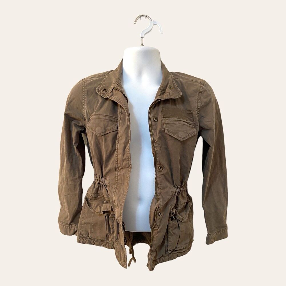 Hinge Zipper Snap Button Front Brown Utility  Jacket Cotton Blend Size XS Women